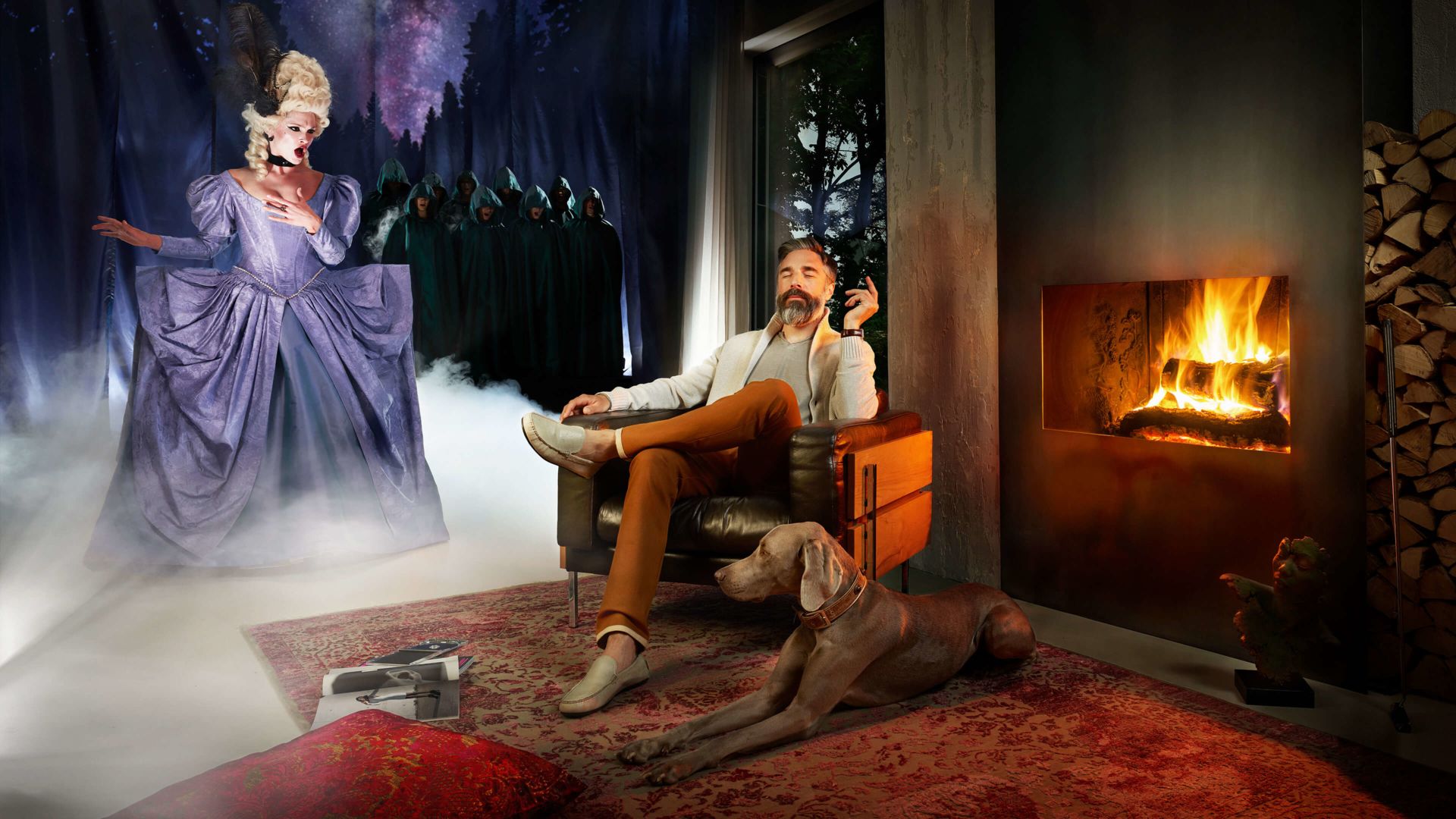 Gentleman with dog listening femal opera singer in his living room.